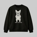 Anatomical french dog specimen graphic printed on a black heavy weight oversized Sweatshirt by Bird Vector Misfit Label.