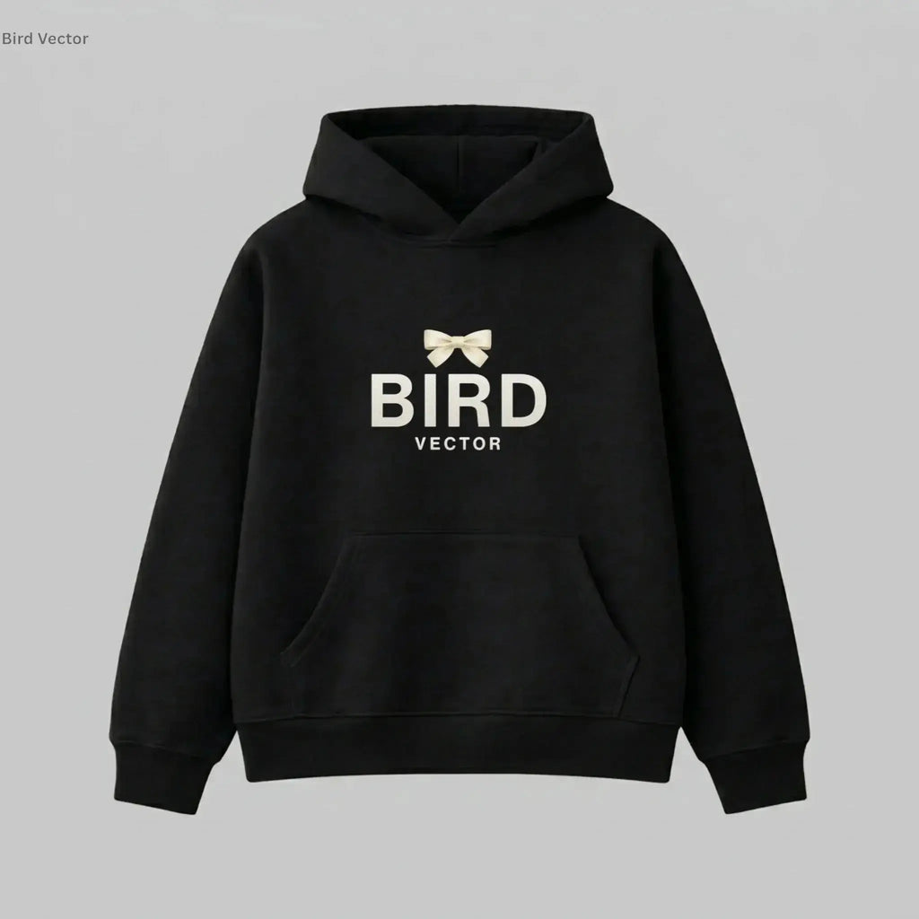 Cream ribbon bow graphic on a black heavyweight hoodie.320gsm hoodie featuring BIRD VECTOR minimalist text