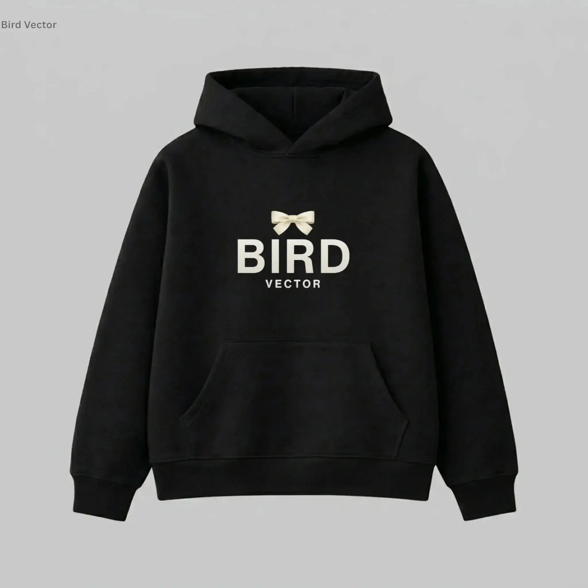 Cream ribbon bow graphic on a black heavyweight hoodie.320gsm hoodie featuring BIRD VECTOR minimalist text