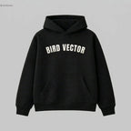 Bird Vector brand black collegiate Hoodies with cream graphic text.