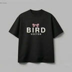 Mauve ribbon bow graphic on a black t-shirt 180gsm organic ringspun cotton featuring BIRD VECTOR minimalist text branding.